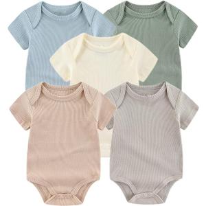Chamie Newborn Boy Girl Bodysuit Infant Short Sleeve Jumpsuit Solid Ribbed Romper Outfits
 Size 3M