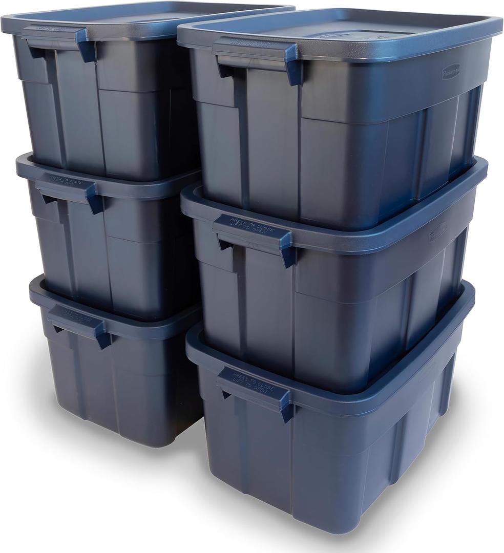 Rubbermaid Roughneck Tote 14 Gal, Made in USA, Dark Indigo Metallic, Rugged Plastic Stackable Storage Bins with Lids and Handles (1 Pc)