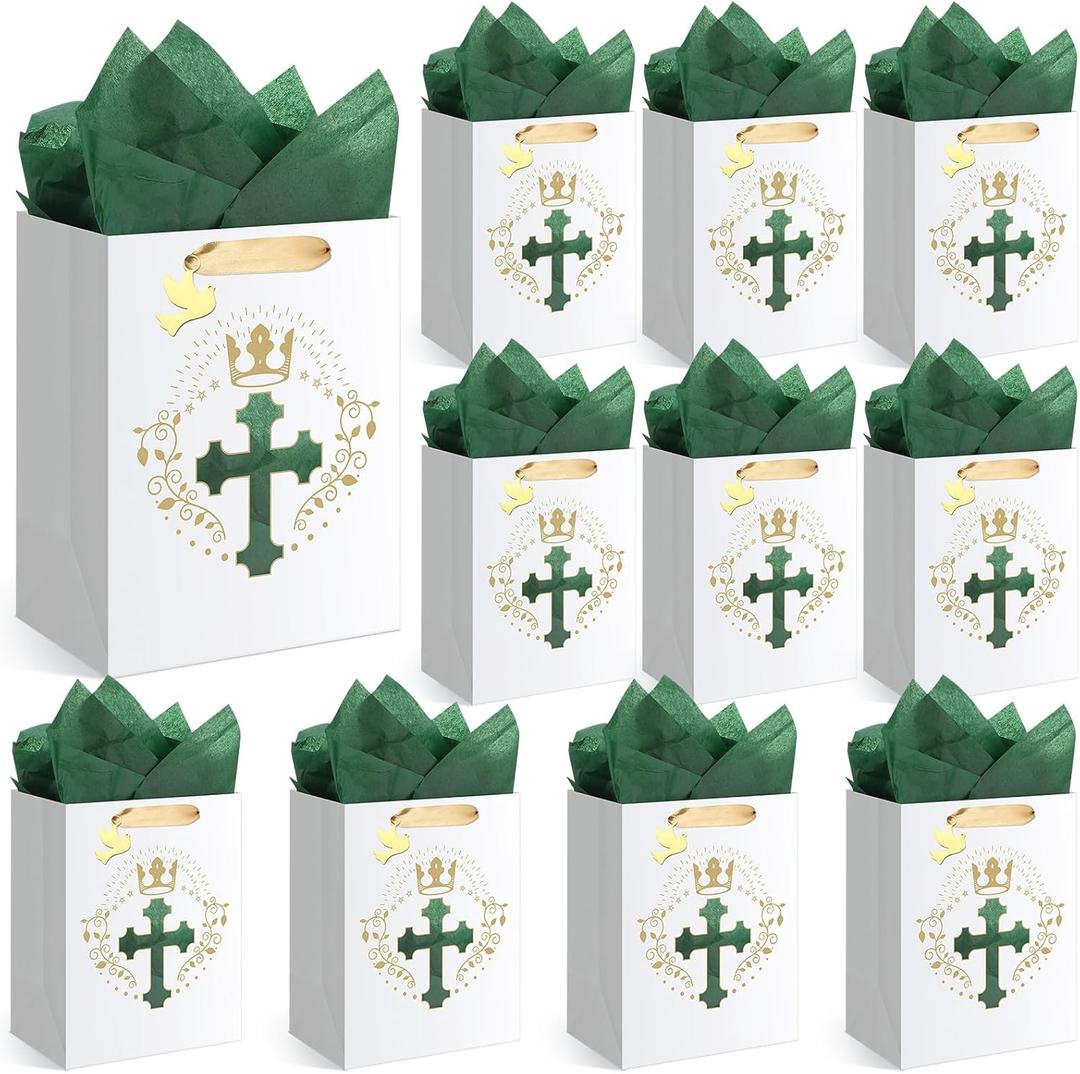 Feifeiya 12 Pcs Baptism Christening Religious Gift Bags with Cross Design, Tissue Paper for Baby Baptisms, First Communion, Christian Bible Verse 11 x8.2 x6 Gift Bag for Wedding Clergy Day(White)