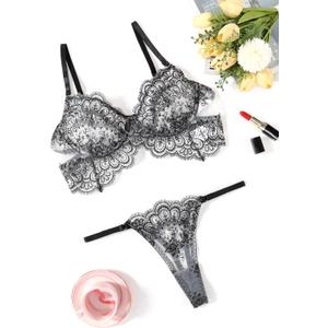 3 x Avidlove Lingerie for Women Floral Lace Bra and Panty Sets V Neck 2 Piece Babydoll Outfits (XL)