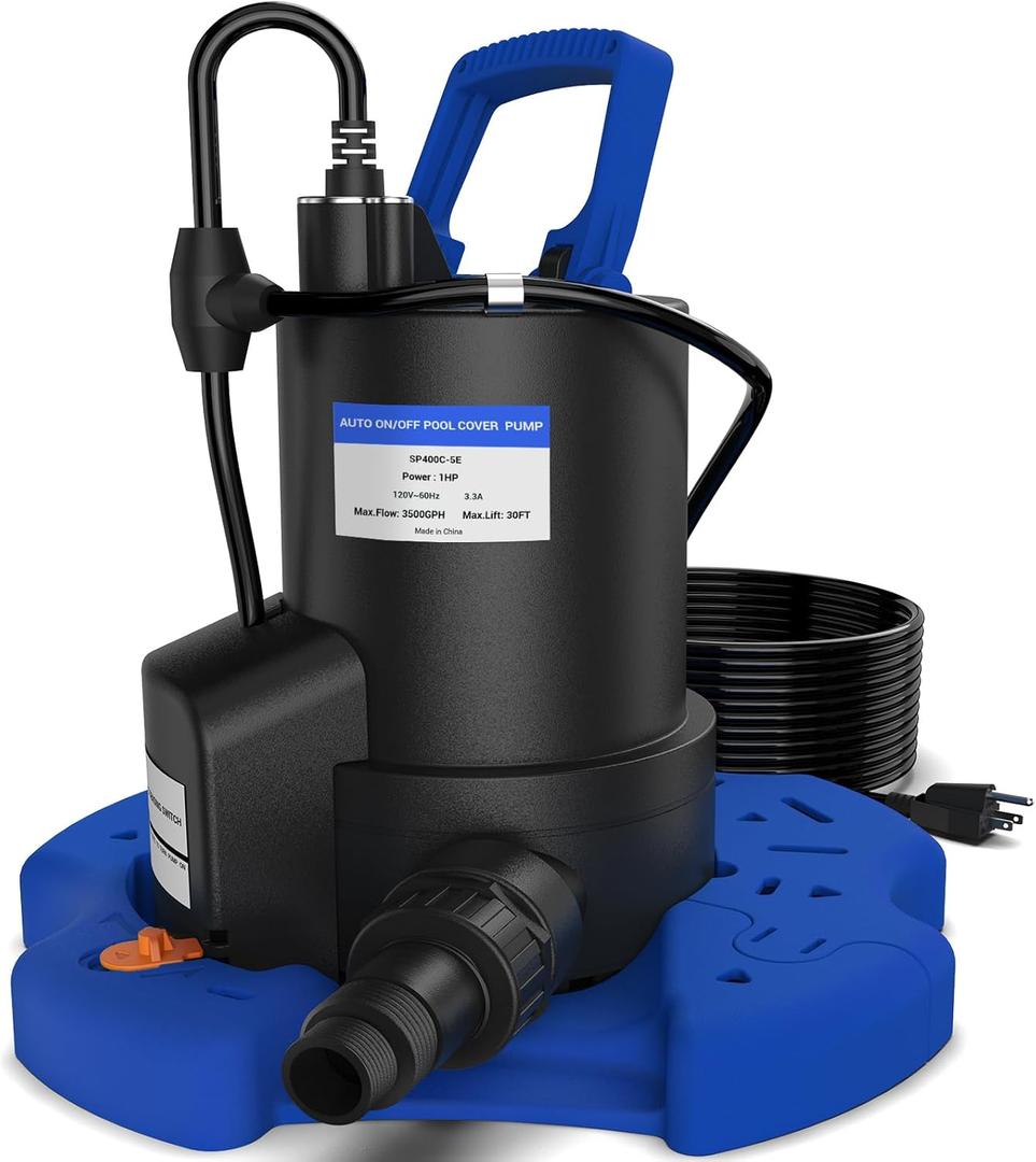 Automatic Pool Cover Pump - 1 HP 3500 GPH Submersible Water Pump with Check Valve and 3 Adapters, 29.5FT Cord for Pumps Above Ground Automatic On/Off System, Sump Pump for Basement Floods, Pond Pump (Blue)