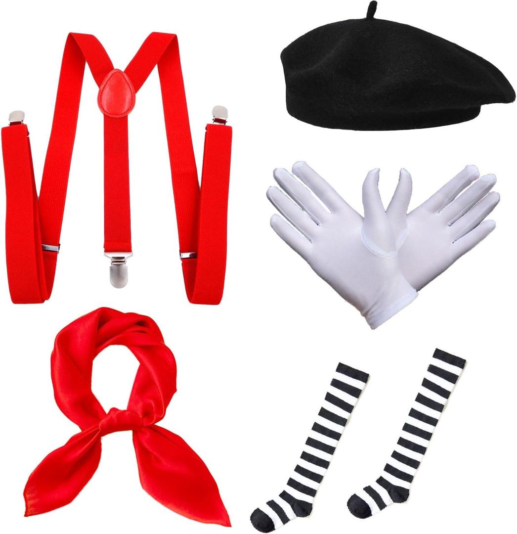 5 Pcs Mime Artist Costume Accessories Set Women French Mime Cosplay Outfit Includes Black Beret Red Suspender Scarf White Gloves and Black White Stripe Socks for Halloween Theme Party Dress up Decor