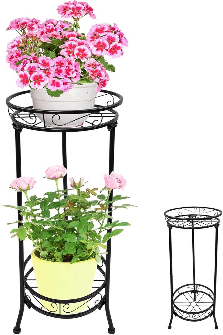2 Tier Tall Metal Plant Stand for Indoor Outdoor Plants, 26.7In Corner Plant Stands Display Rack, Rustproof Iron Flower Pot Holder Shelf for Patio Balcony Garden Living Room (B)