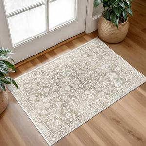 SILOLOOM Vintage Entryway Rug Indoor, Beige Washable 2x3, Neutral Small Area Non-Slip Throw Accent Floral Kitchen Rug Print Faux Wool Super Soft Front Door Floor Carpet for Foyer Bedroom