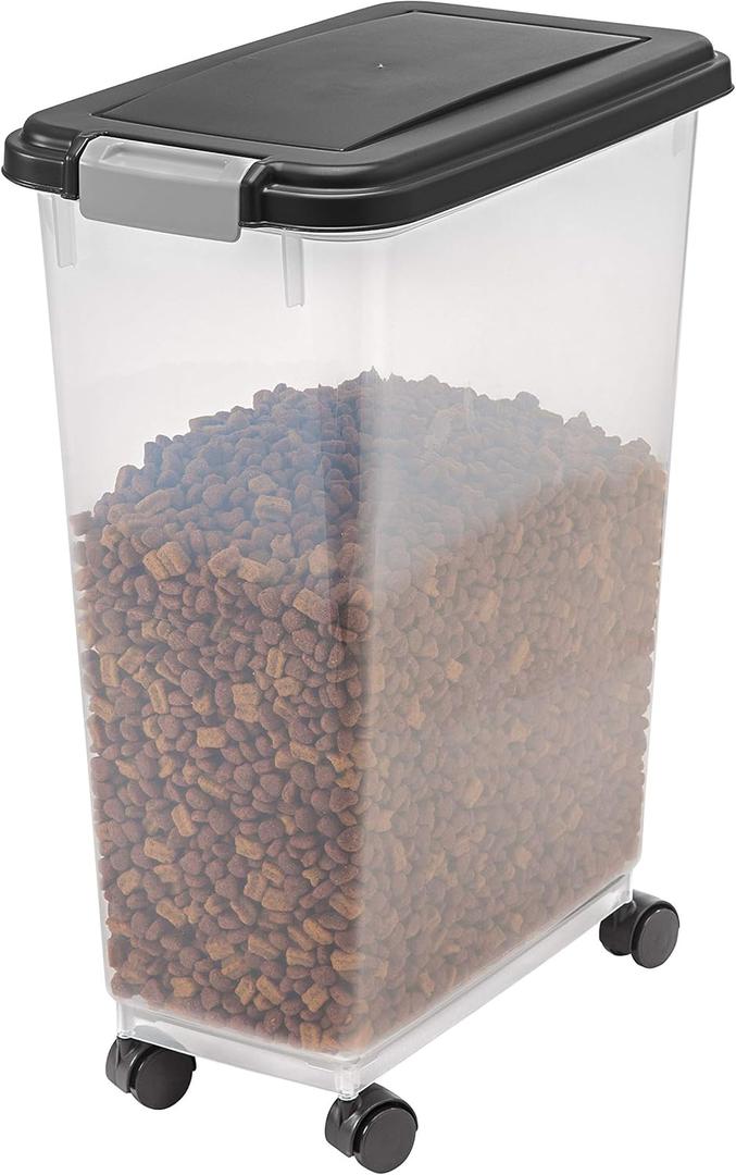 IRIS USA Airtight Dog Food Storage Container, Up to 38 lbs, Attachable Wheels, For Dog Cat Bird and Other Pet Food Storage Bin, Keep Fresh, Translucent Body, Easy Mobility, Black