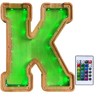 Wooden Letter Piggy Bank for Kids,9inch Kids Money Bank with LED Lights, Alphabet Coin Jar(A-Z), Birthday Gift for Kids, Toys for Boys and Girls(K)