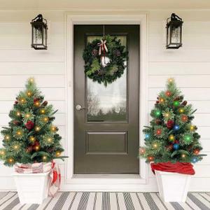 2 Pack Pre-lit Artificial Christmas Trees with Multi-Color Lights, Timer, 30 Inch Battery Operated Lighted Porch Christmas Trees Outdoor Holiday Decorations for Entrance Pathway Front Door Yard