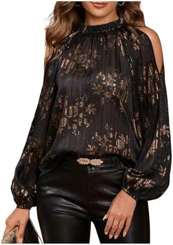 GORGLITTER Women's Cold Shoulder Tops Blouse Fall Dressy Casual Lantern Long Sleeve Mock Neck Pleated Work Shirt Tops Size XL