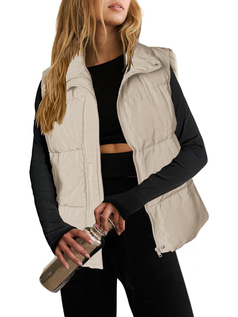 Zeagoo Women Puffer Vest Lightweight Stand Collar Sleeveless Winter Warm Zip Up Padded Outerwear Jackets with Pockets Beige XL