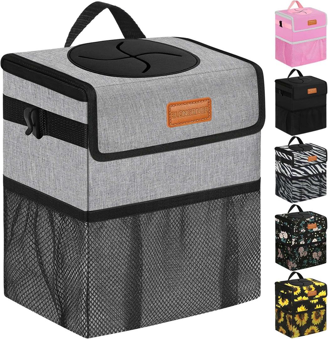 ELONGRIVER Car Trash Can Bin for Back Seat Leak Proof, Cute Car Trash Bag Hanging, Vehicle Trash Can for SUV Truck Van, Automotive Garbage Cans Front Seat Grey