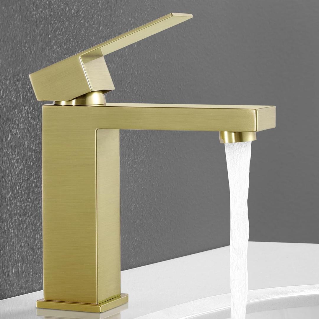 KES Brushed Gold Bathroom Faucet Single Hole Modern Vanity Faucet Single Handle Bathroom Sink Faucet Stainless Steel, L3156ALFF12-BZ