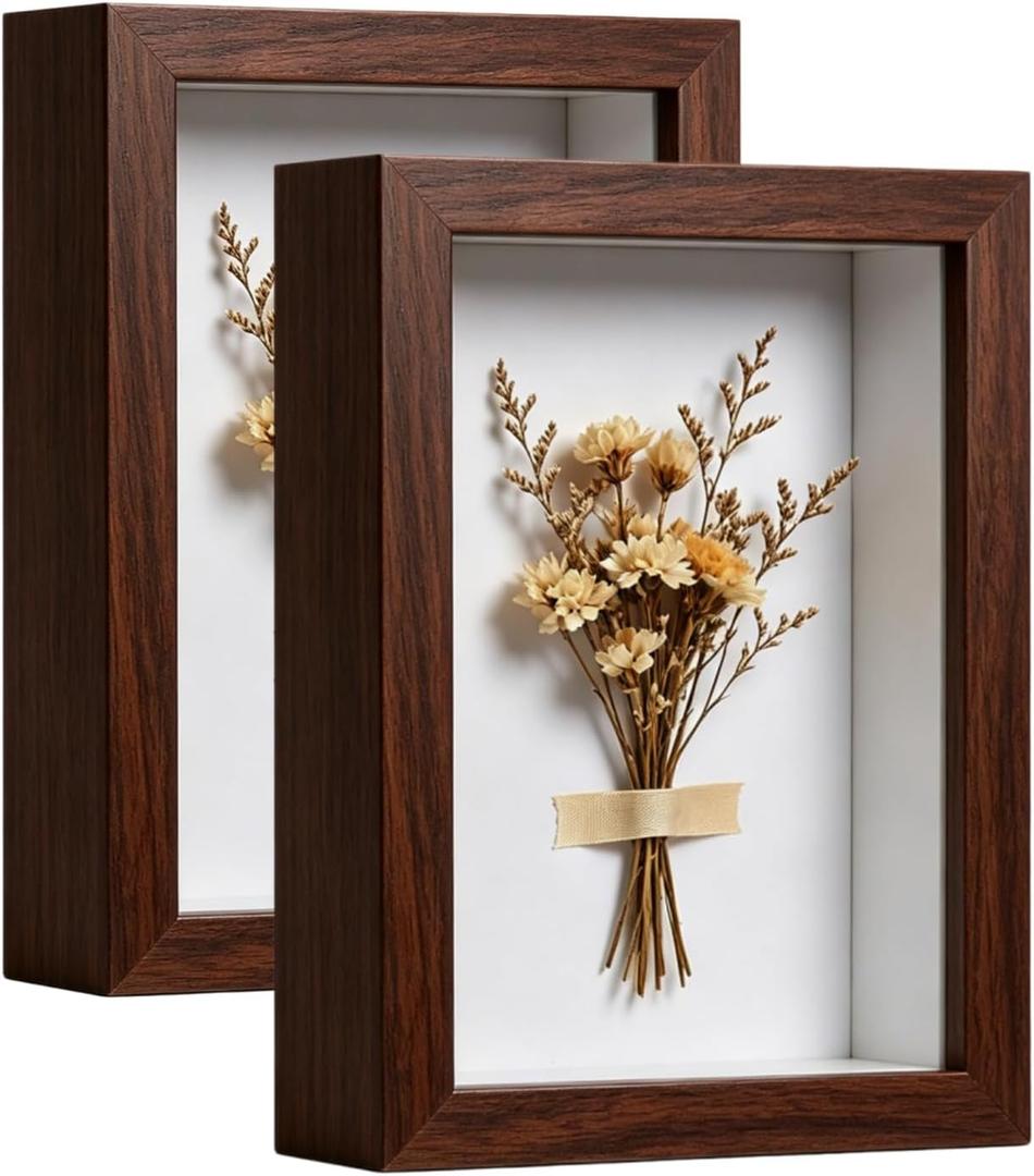4x6 Shadow Box -2Pack Walnut Color Wooden Deep Picture Frame with Shatter-Resistant Panel for Wall Decor | 3D Display Case for Flowers, Photos and Crafts | Easy to Open & Ready to Hang Gift Idea
