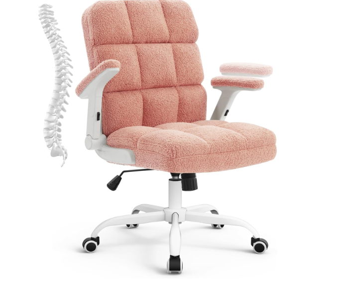 SEATZONE Pink Office Chair Ergonomic Computer Desk Chair with Wheels,Faux Fur Comfy Office Chair for Women and Girls,Teddy Fleece Material, Pink