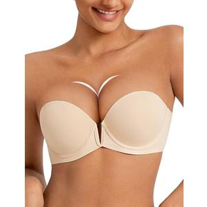 Rasback Strapless Push Up Bras for Women Deep Plunge Thick Padded Add 1 Cup Underwire Bra Beige 34B
