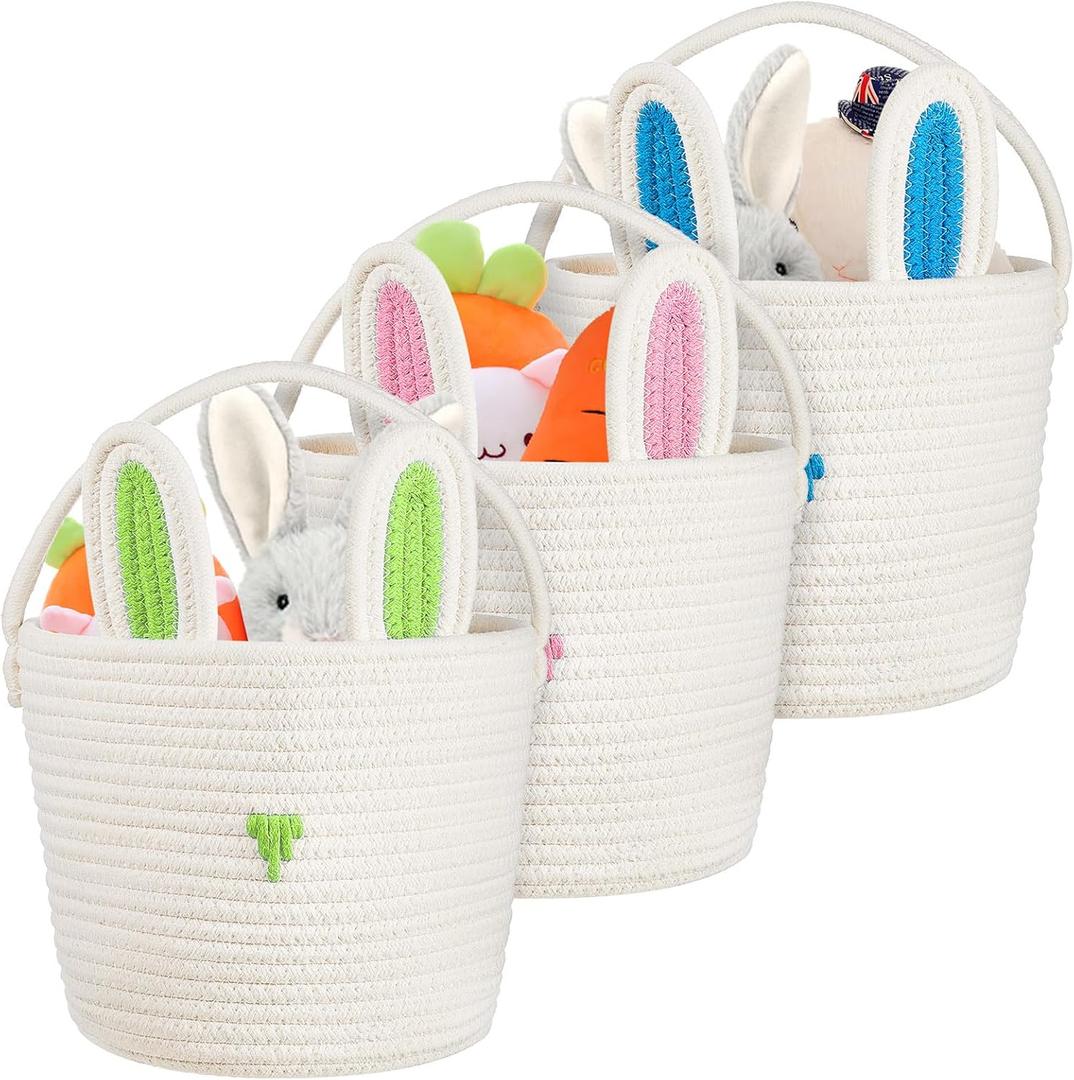 Easter Baskets for Kids Empty 3-piece Set with Handle, Easter Egg Hunt Basket & Candy Storage Tote, 12 x 9 Inch, Reusable Bunny Basket for Kids, Woven Cotton Rope Baskets for Toddlers, Gifting