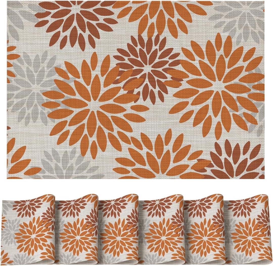 Artoid Mode Floral Vinyl Placemats Set of 6, Heat Resistant Washable Non-Slip Plistic PVC Place Mats for Fall Thanksgiving Party Kitchen Dining Decor, Orange (12" x 18", Rectangular 6 Pcs)