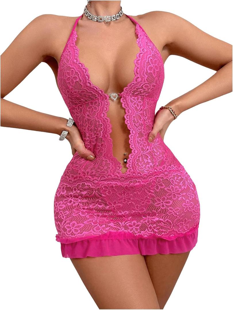 SOLY HUX Lingerie for Women Deep V Neck Floral Lace Babydoll Thongs Set Halter Chemise Nightwear Hot Pink Large