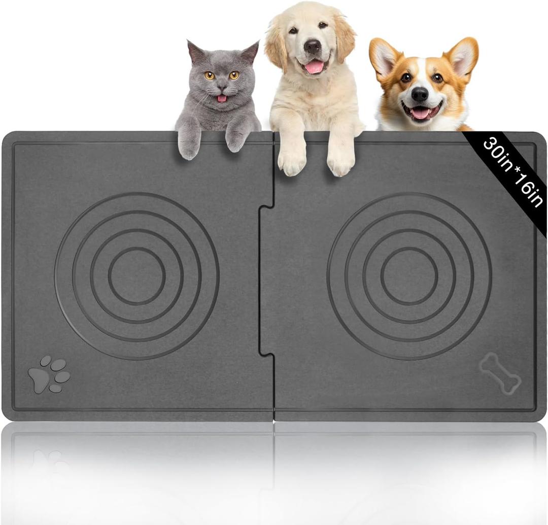 Stone Dog & Cat Food Mat, Diatomaceous Pet Feeding Mat for Water Bowls, Quick Drying Non-Slip Mat for Floors (Grey, 30" x 16")