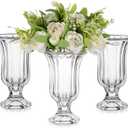 Glasseam Pedestal Glass Vase for Flowers, 7.5in Tall Compote Vase Set of 3, Crystal Clear Vases for Centerpieces, Ribbed Decorative Vases for Home Decor, Cute Footed Urn for Living Room Decorations (Large)