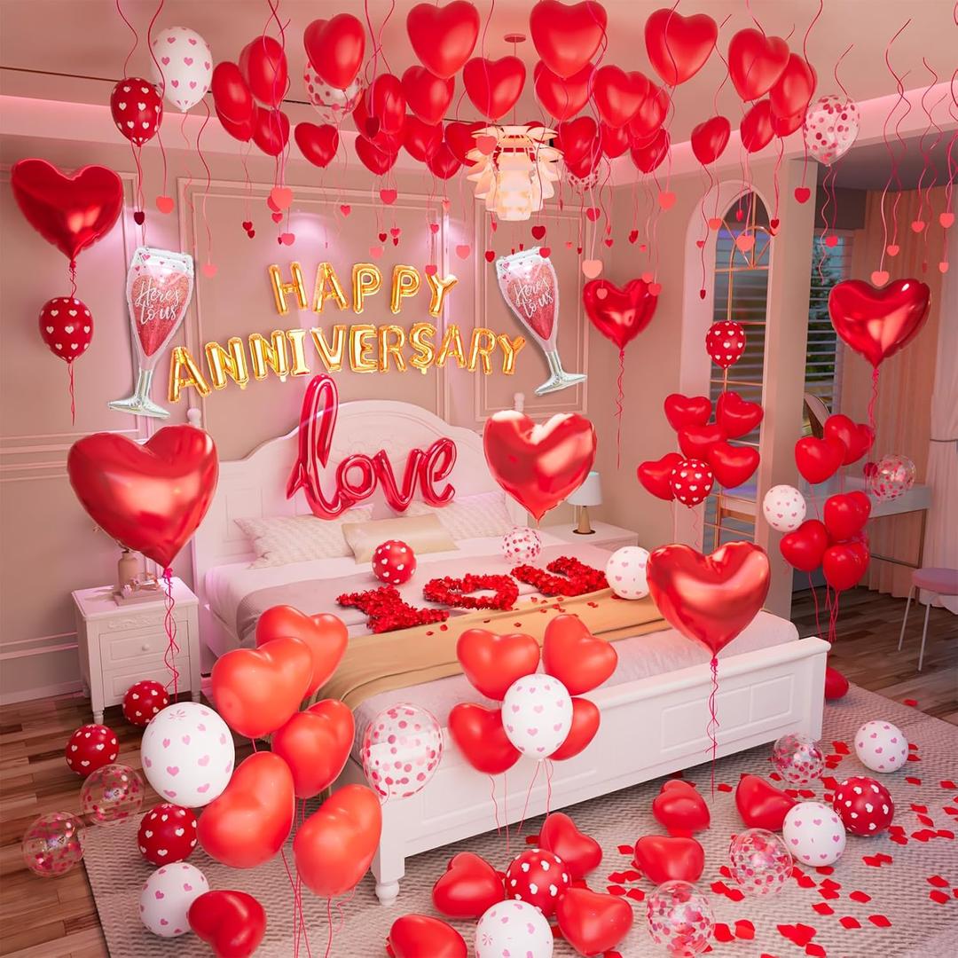 Red Valentines Day Balloons kit,Anniversary Decorations Valentines Day Decorations,Red Valentines Day Balloons with Happy Anniversary Banner Heart Balloon for Sweetest Day Decorations