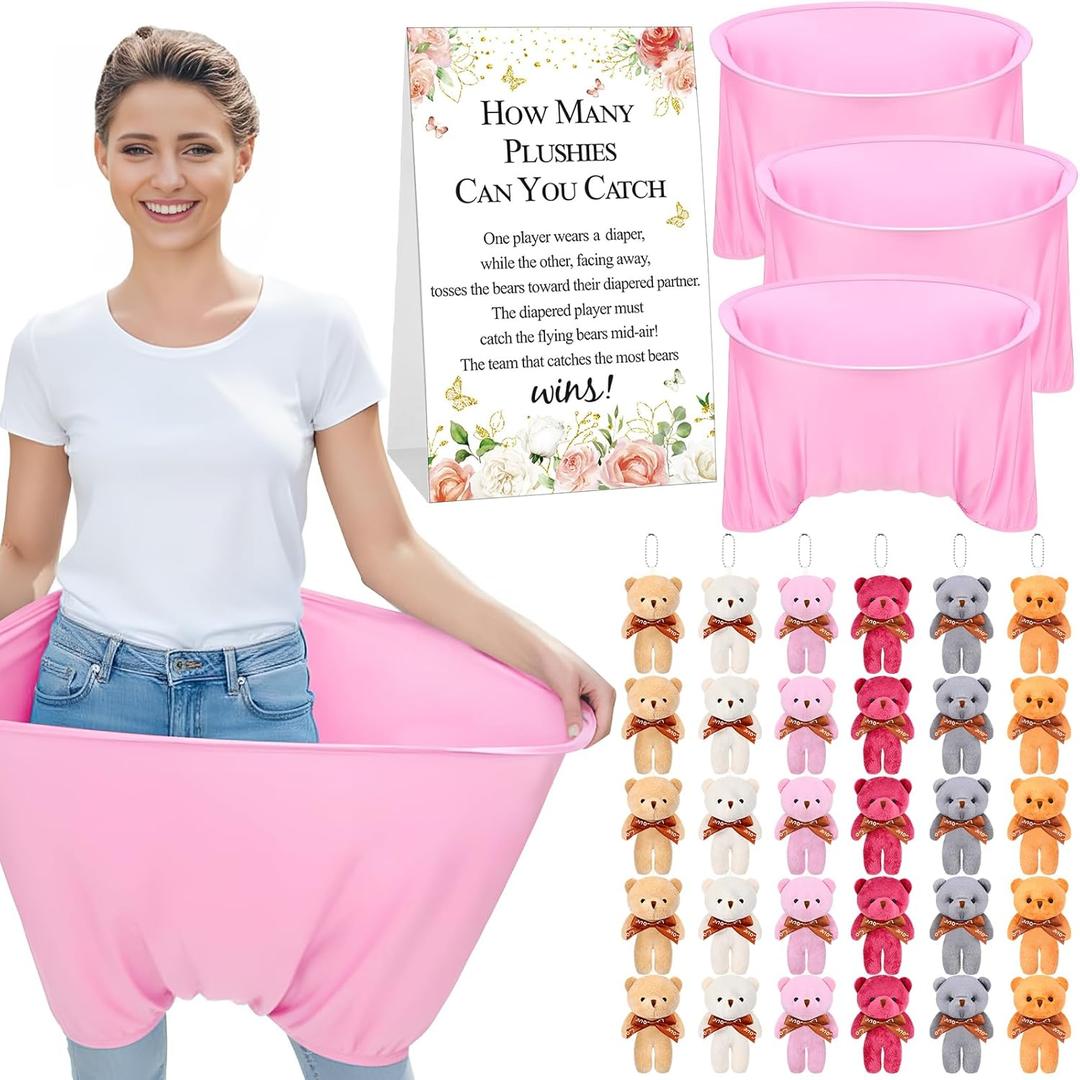 Soulchen 34 Pcs Baby Shower Games Bridal Shower Games Funny Activities with Bears Included Funniest Game for Women or Men How Many Plushies Can You Catch in Your Diaper (Pink)