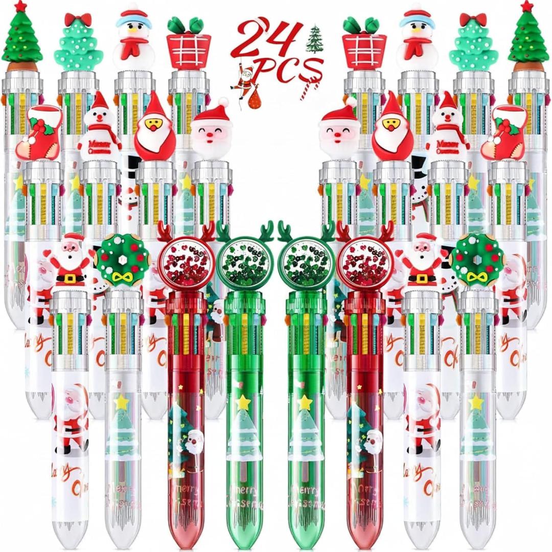 Woanger 24pcs Christmas Multicolor Ballpoint Pens Bulk 10 in 1, 6.3'' Retractable 0.5mm Cute Fun Pen Snowman Santa Tree Writing Pencils for Xmas Party Gift School Favors Kids Students Rewards Supplies