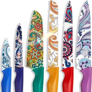 Astercook Paisley Pattern Knife Set with Cover, Dishwasher Safe Colorful Knives with 6 Knife Sheath, German Stainless Steel Rainbow Knife Set