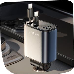LISEN Retractable Car Charger USB Cwith Dual Type C Cables 69W for iPhone 16 USB C Car Charger Adapter Fast Charging Compatible with iPhone 16 15 Pro Max, Samsung Galaxy S25/S24, Android