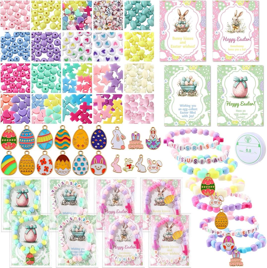 Chunful 1022 Pcs Easter Charms Beads Bracelet Jewelry Making Bunny Easter Egg Colorful Cross Pastel Alphabet Bead DIY Jewelry Craft Gift with Blessing Cards for Women Girls Kids Classroom Party Favors
