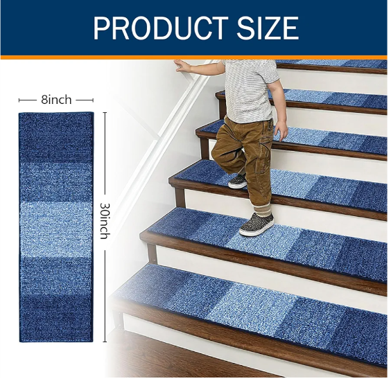 OLANLY Stair Treads for Wooden Steps in Navy and Navy Blue Microfiber Bathroom Rug, 4Item Bundle