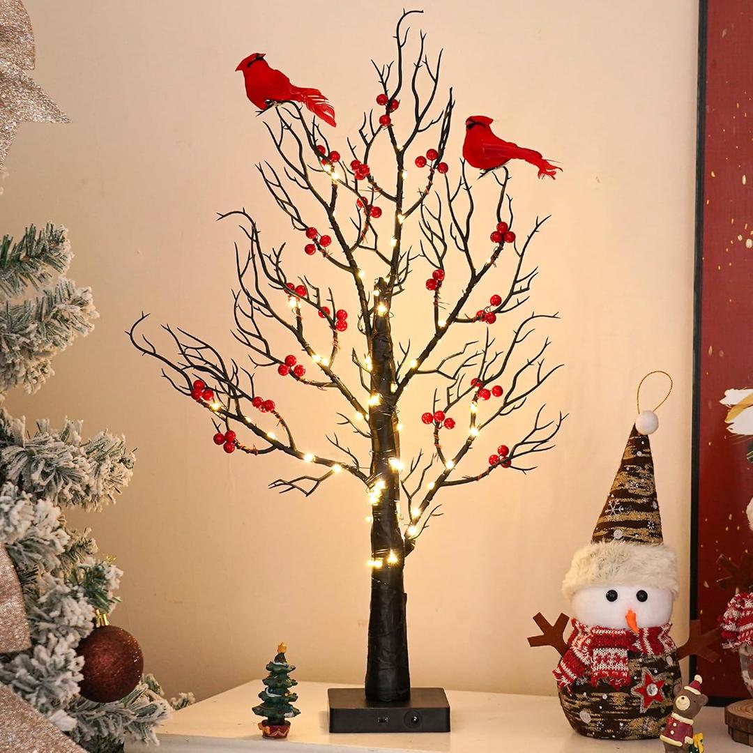 Red Cardinal Christmas Tree Light with 2 Birdie, Battery & USB Powered Birch Tree with Led Lights and Red Berries  Cardinal Decor for Christmas, Memorial Gifts, and Holiday Home Decorations