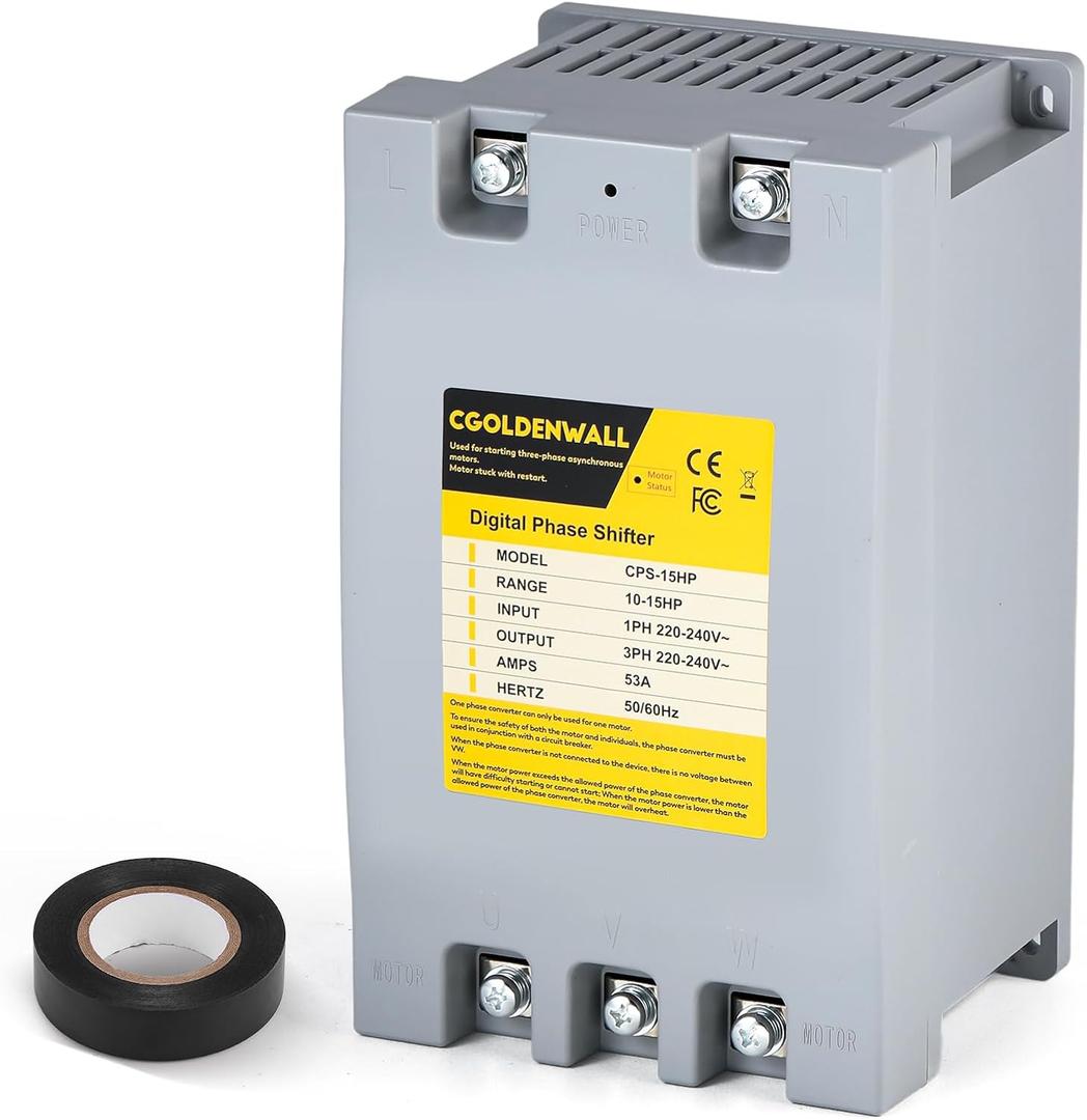 CGOLDENWALL Single Phase to 3 Phase Converter 15HP/11KW 53A 220V-240V Input/Output Digital Phase Shifter, 15HP/11KW Rated Load, 10HP/7.5KW Heavy Loads, One Converter for One Motor