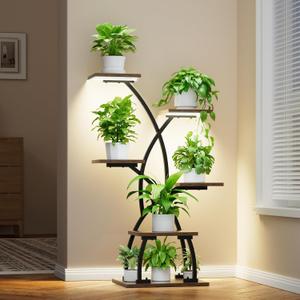 JUSTOGO Plant Stand Indoor with Grow Lights - 6 Tiered Plant Shelf Indoor, 36 Corner Plant Stands for Indoor Plants Multiple, Metal Curved Flower Holder Display Rack for Patio, Balcony, Home Decor (Black)