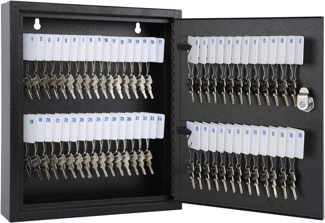 KYODOLED Key Storage Lock Box with Key, Locking Key Cabinet, 60 Key Management Wall Mount with Key Lock, Key Hooks & Key Labels, 2.5" D x 10.2" W x 12.1" H (Black,60 Key)