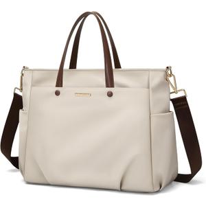 15 Inch Laptop Tote Bag for Women, Lightweight Nylon Work Shoulder Bag, Water-Resistant Computer Handbag with Pockets for Business Travel & Commute (Apricot)