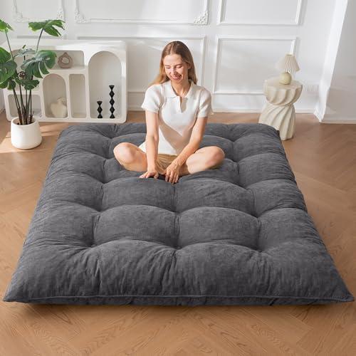 MAXYOYO Japanese Floor Mattress Queen Size, 6" Foldable Futon Mattress Tufted Roll Up Floor Bed, Thick Chenille Tatami Mat Sleeping Pad for Camping Guest Room Dormitory Bedroom RV, Dark Grey