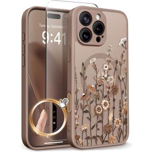GVIEWIN for iPhone 16 Pro Max Case Compatible with MagSafe, [Military Grade Protection] [Screen Protector] Full Camera Protection Floral Translucent Women Magnetic Phone Case, Floratopia/Brown