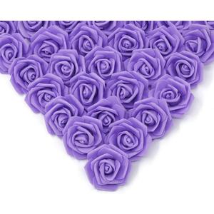 IPOPU Artificial Rose Flower Heads, 100 Pcs Real Looking Purple Foam Fake Roses for DIY Wedding Baby Shower Centerpieces Arrangements Party Tables Home Decorations (Purple 1, Stemless)