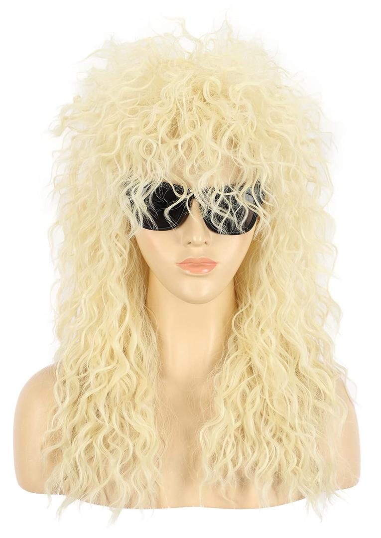 VGbeaty Men Women 70s 80s Rocker Mullet Wig Long Curly Blonde Cosplay Wig