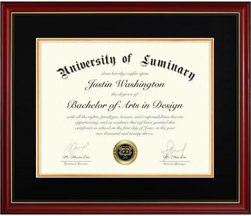 Luminary 15x18 Wood Diploma Frame with 11x14 Opening Black Mat for College Degree Certificate Document, Cherry Red Color Wooden Frame with Tempered Glass Panel for Wall Mount Display