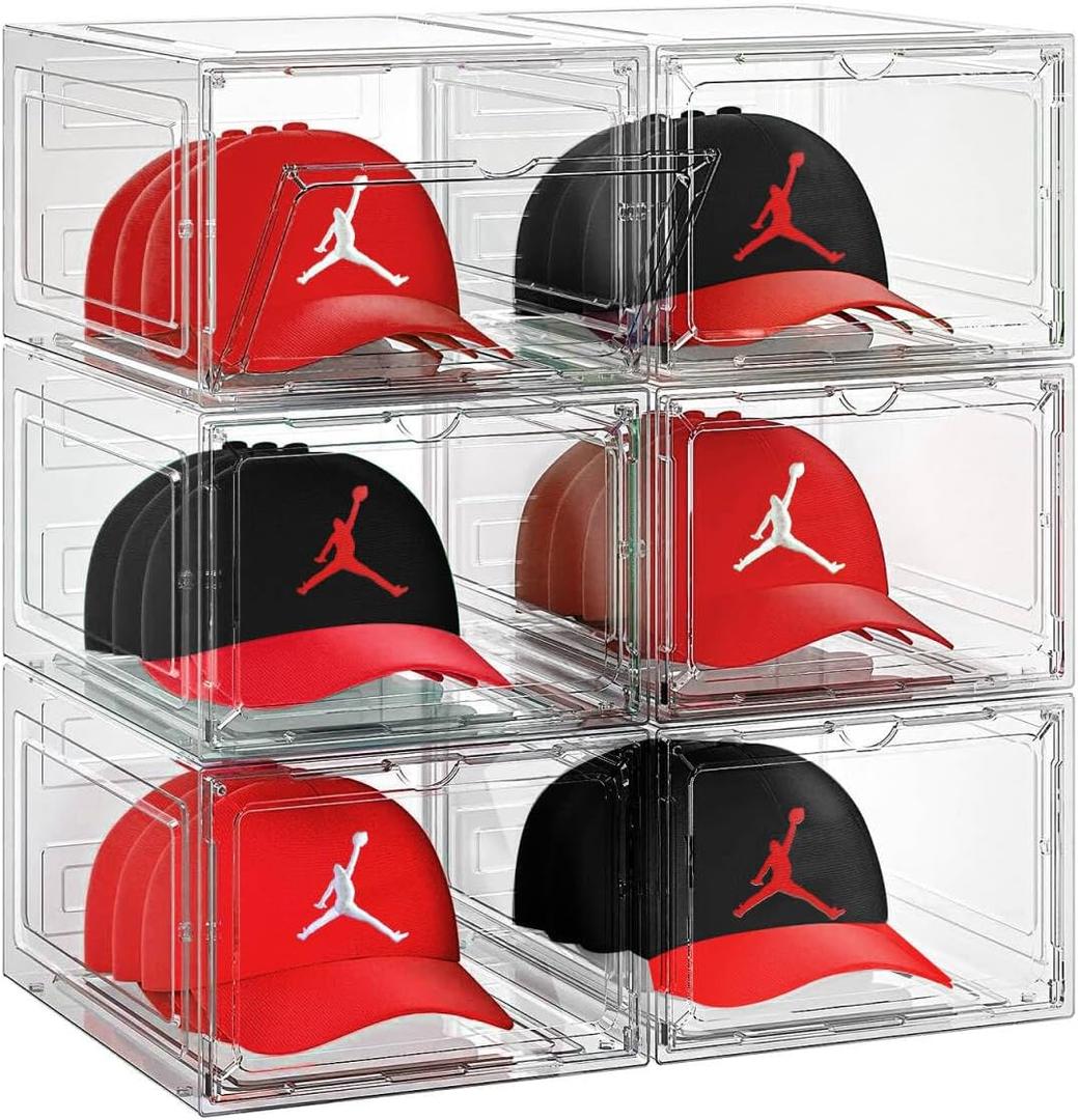 6 Pack Hat Organizer Box, Stackable Clear Baseball Caps Holder Box Containers with Magnetic Door for Hats Snapback Cap Storag, Hat Rack Display Case, Holds 8 Hats Each (Clear)
