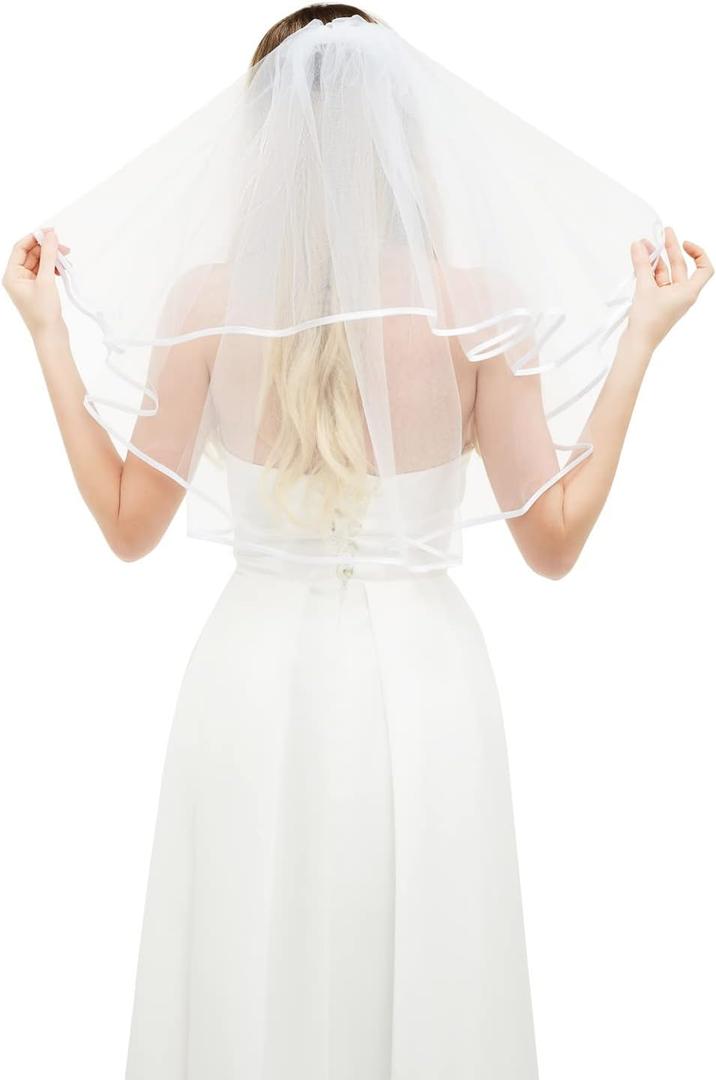White Bridal Veil Short 2 Tier Veil with white binding Wedding Veil Bachelorette Party Bridal Shower Flower Girl Veil First Communion