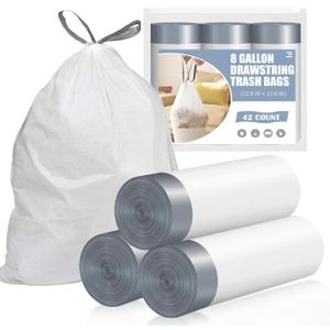 Drawstring 8 Gallon Trash Bags - 42 Count Pre-separated Medium Trash Bags 8 Gallon, White Unscented 8 Gal Garbage Bags