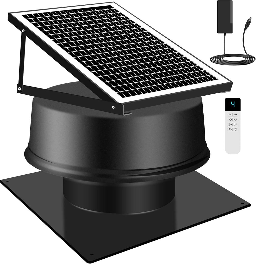 42W Solar Attic Fan with Thermostat and Remote Contorl 2100 CFM Solar Roof Exhaust Fan Solar Powered + DC Compatible, Low Noise Weatherproof Ventilation for Home, Garage, Shed, Warehouse, Large