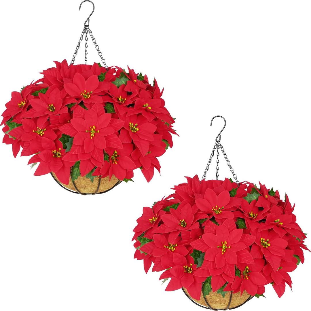 BLEUM CADE Artificial Christmas Flowers Hanging Poinsettias with Basket for Outdoors, Artificial Hanging Red Poinsettias for Xmas Decoration, UV Resistant Faux Flowers Christmas Decorations (Count of 2)
