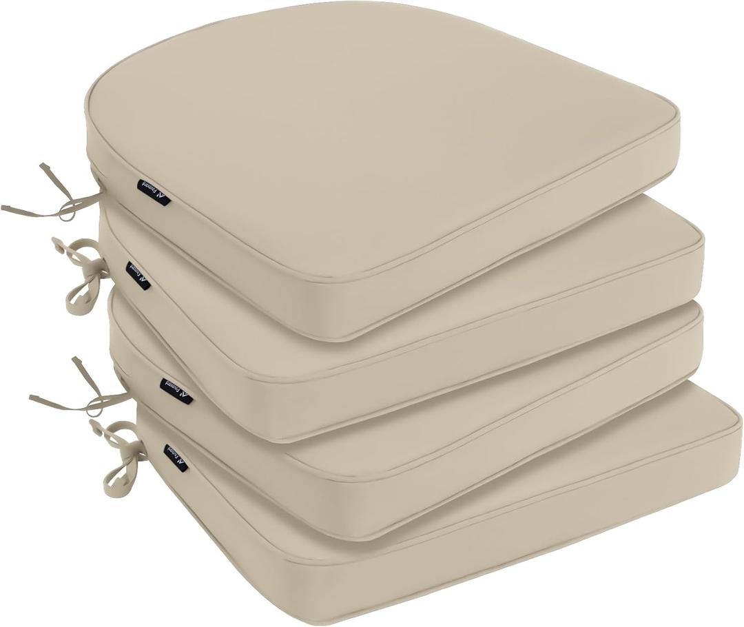 Favoyard Outdoor Chair Cushions 19"x19"x2" Set of 4 Waterproof Seat Cushion for Patio Furniture with 3-Year Fade Resistant Removable Cover Attach Straps Hidden Zipper Round Corner for Yard Garden (Beige)