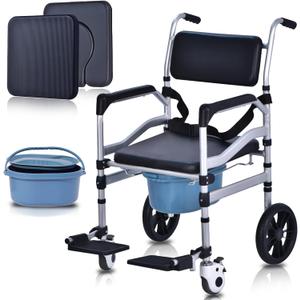 Shower Chair with Wheels 4 in 1 Folding Padded Bedside Commode Wheelchair Height Adjustable Detachable Bucket with Wheels Lifting Armrests Flip-up Footrest for Elderly Disabled (Black + Seat Board)