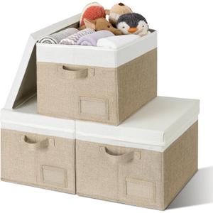 GRANNY SAYS Storage Bins with Lids, Linen Storage Bins for Shelves, Decorative Storage Boxes, Clothes Storage and Organization for Organizing, Pack of 3, Jumbo, Khaki & Ivory