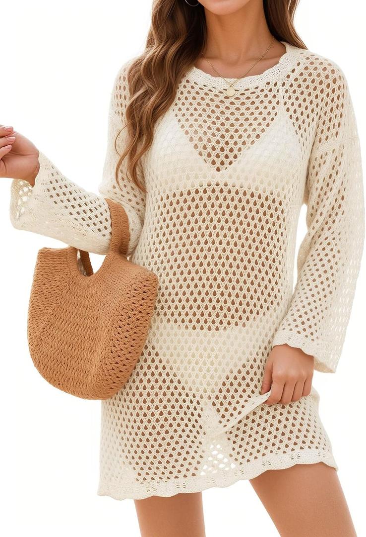 MANGOPOP Crochet Cover Up Swimsuit Coverup for Women 2026 Summer Bathing Suit Swimwear Mesh Knit Beach Dress Vacation Outfits (XL)