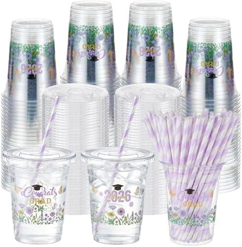 Sliner 50 Sets 16 oz Purple Graduation Plastic Cups Wildflower Congrats Grad Disposable Drinking Cups with Lids and Paper Straws for Hot Cold Drinks Class of 2026 Graduation Party Supplies